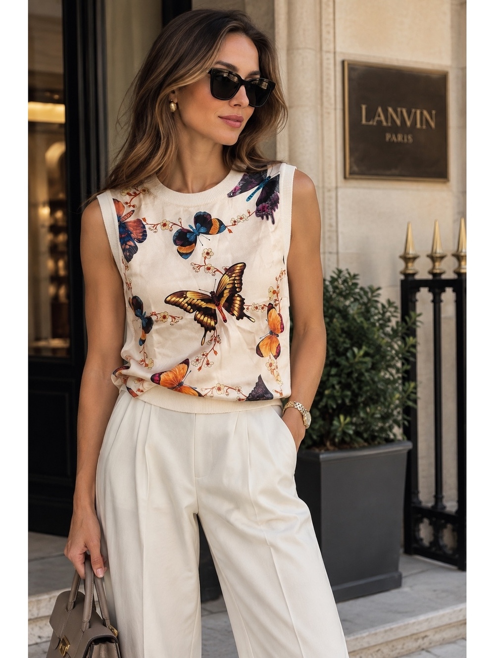 LANVIN Paris Butterfly Print Silk & Wool Sleeveless Top Size S Made in Italy NWT